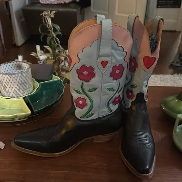 Dingo Black, Blue, and Pink Cowboy Boots with Hearts and Flowers - Picture 2 of 5